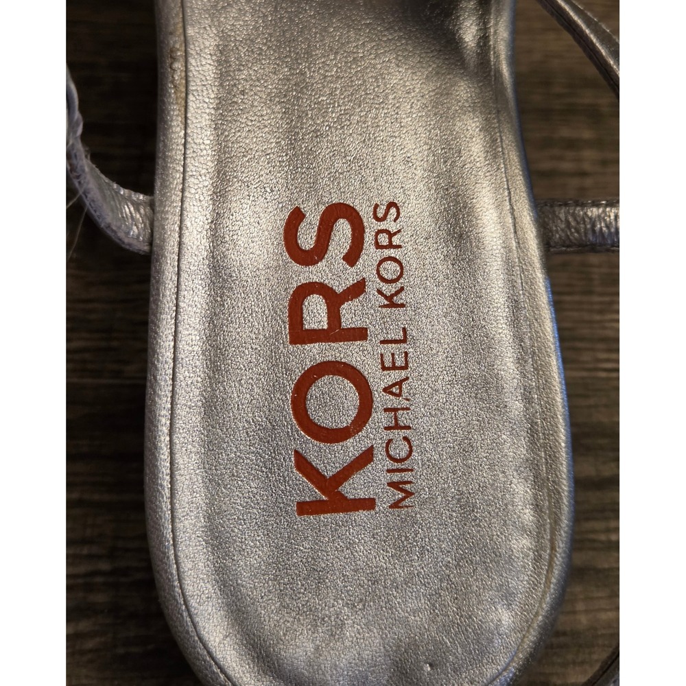 Michael Kors Strappy Sandals Womens Size 7.5 Silver Cork Wedge - Picture 9 of 11